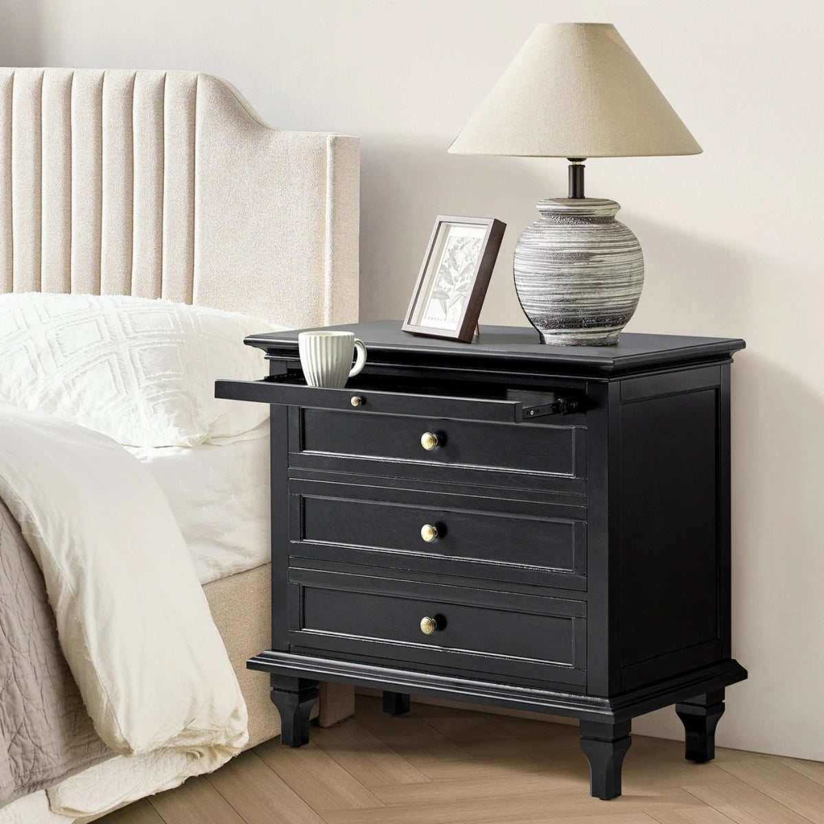 Muriel Farmhouse Style 3 - Drawer Nightstand Black