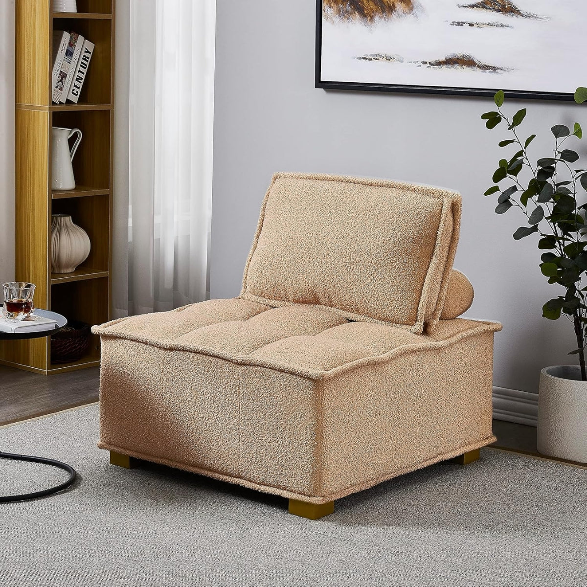 Lazy Sofa Ottoman With Gold Wooden Legs Teddy Fabric (Khaki)