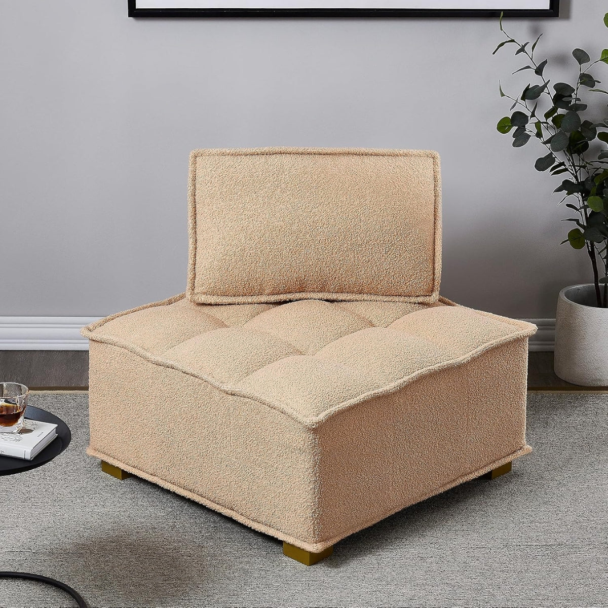 Lazy Sofa Ottoman With Gold Wooden Legs Teddy Fabric (Khaki)